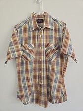 VINTAGE Levi's Men Button Up Shirt M Brown Blue Plaid Western 80s Made In USA