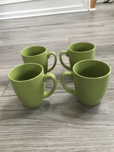 Corelle Coordinates Set of 4 Coffee Mugs Lime Green Retro Stoneware Cups 12 Oz