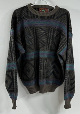 Chartwell Geometric Vintage Sweater Faux Leather Detail Grandpacore Retro XL 
