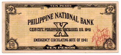 1941 PHILIPPINE Province of Cebu S217 10 Pesos Counter Signed HILONGIS, LEYTE - Picture 2 of 4