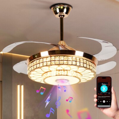 42'' Bluetooth Chandelier Crystal Invisible Ceiling Fan w/Music Player+Remote