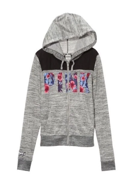 UNDERCOVER Felpa con cappuccio e zip intera Victoria’s Secret ROSA grigio marna applicazioni tropicali nuova con etichette taglia XS