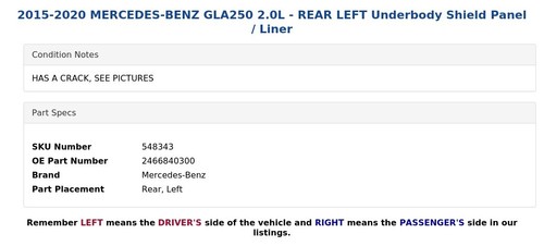 2015-2020 MERCEDES-BENZ GLA250 2.0L - REAR LEFT Underbody Shield Panel / Liner - Picture 5 of 6