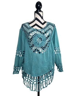 Women's Boho Sz L Turquoise Crochet Beach Tunic Top