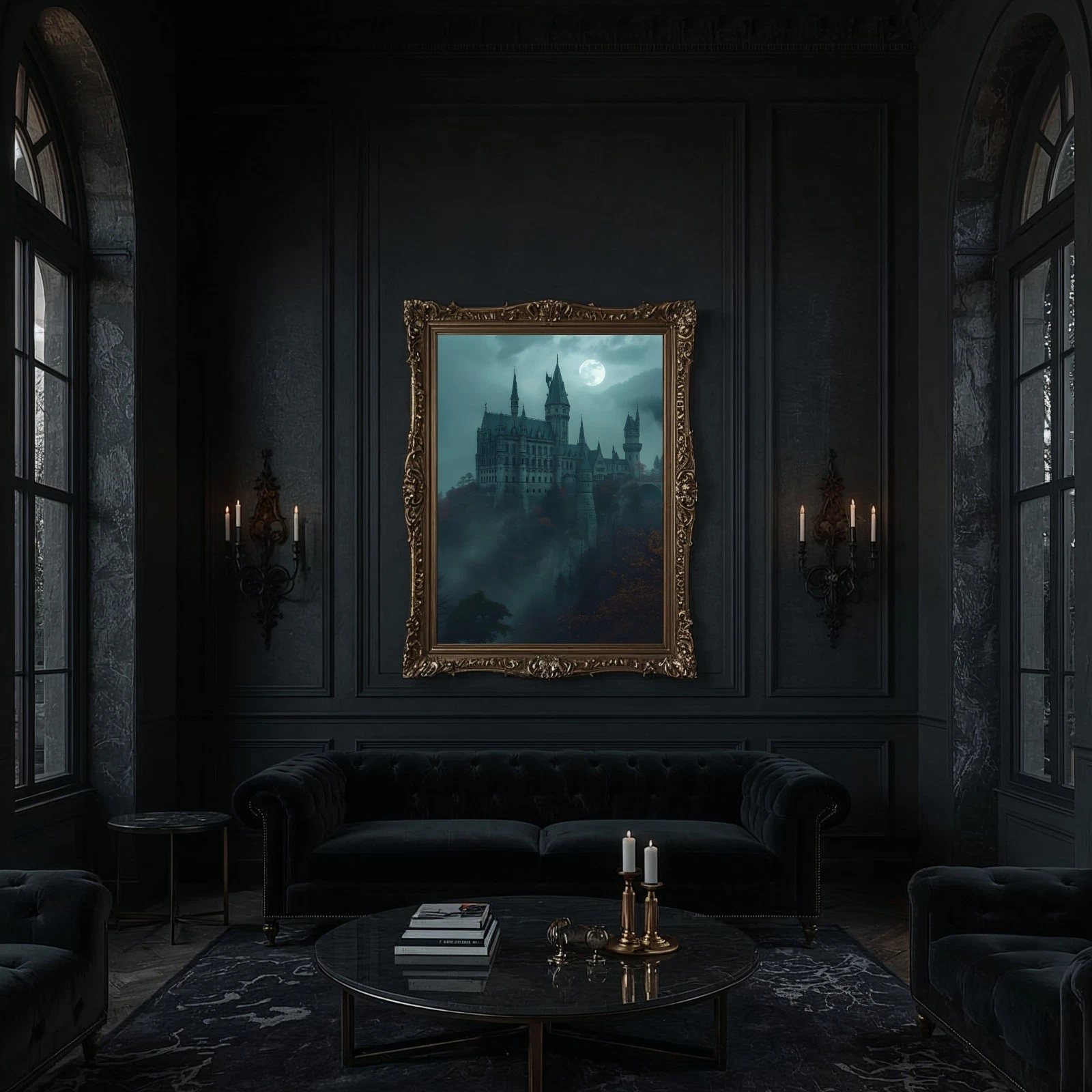 Gothic Castle Misty Cliff Full Moon Canvas Wall Art Dark Fantasy Decor Print