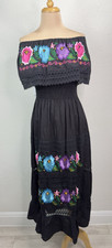 Vintage Black Mexican Traditional Floral Embroidered Off Shoulder Maxi Dress M