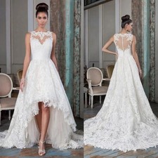 High‑Low Lace Applique Wedding Dresses Sleeveless Bridal Gowns With Chapel Train