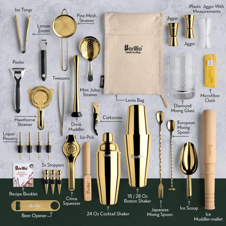 Juego de herramientas de barra Pro Edition - Juego de coctelera de acero inoxidable dorado - Mixolog... Foto 2 de 4