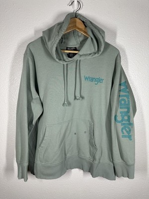 Wrangler Retro Hoodie Mens 2XL Sage Green Pullover Logo Sleeve Kangaroo Pocket