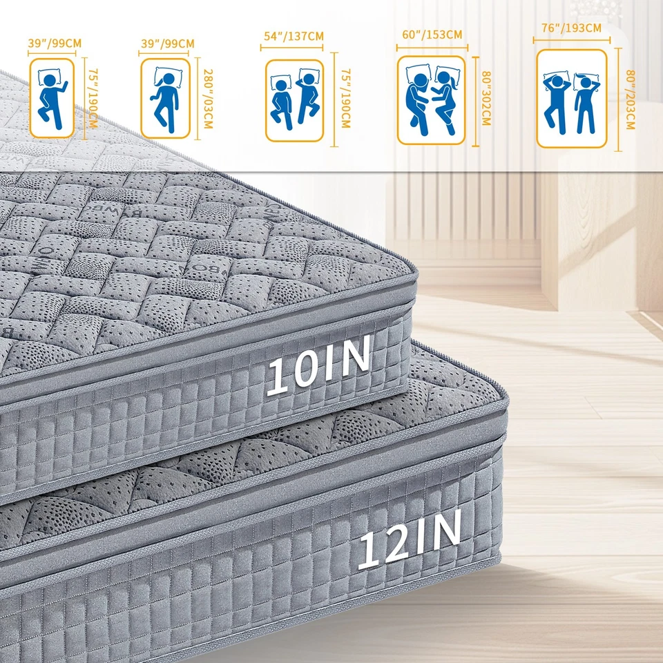 10" 12" Twin Full Queen King Mattress Gel Memory Foam Hybrid Spring Bed In a Box - Image 4 of 4