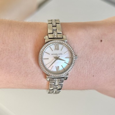 Michael Kors Petite Sofie Watch Womens Silver Mother of Pearl Dial Needs Battery