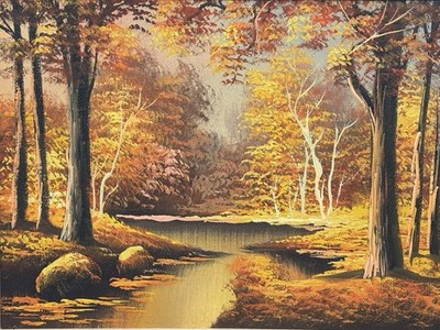 Original 1960-1970 s Oil Painting Wooded Creek During Fall R. Garcia READ Info
