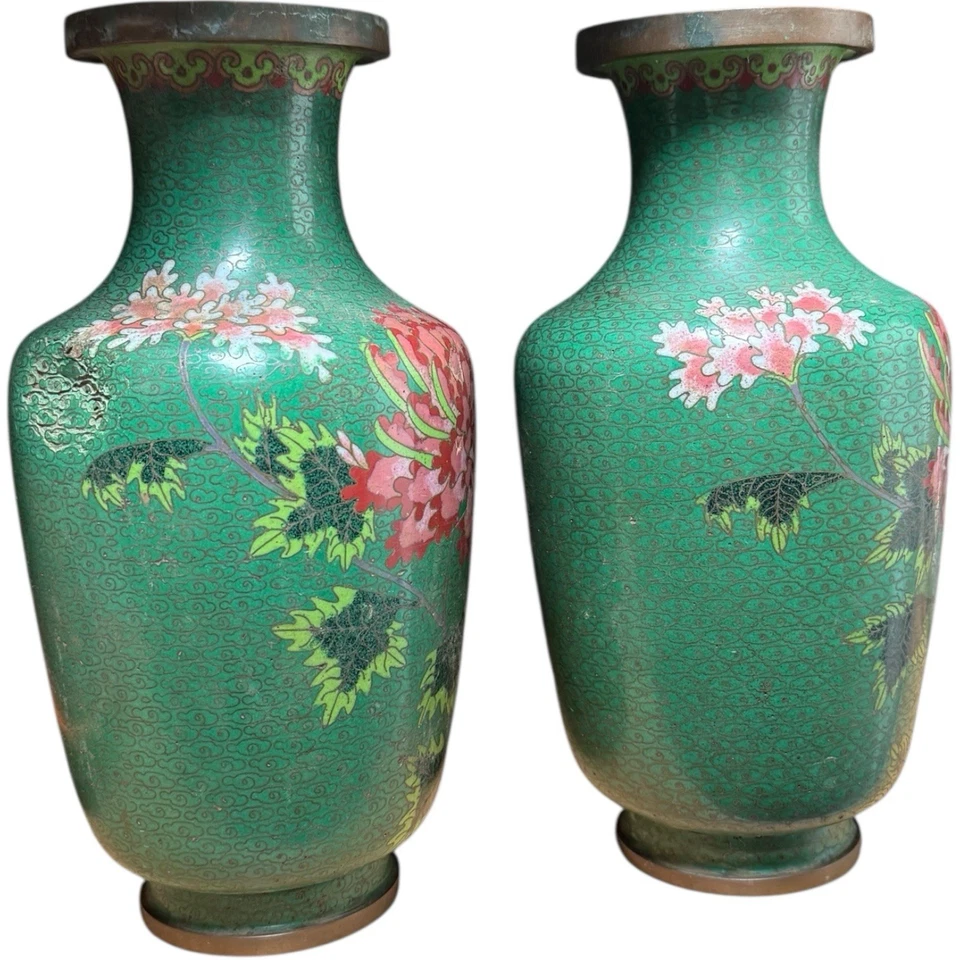Par de jarrones cloisonné chinos antiguos vintage fondo verde chino 9" como se encuentran Foto 3 de 4