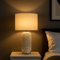 Beistellleuchte Tischlampe Nachttischleuchte E27 Weiß Keramik Textil H 71 Cm
