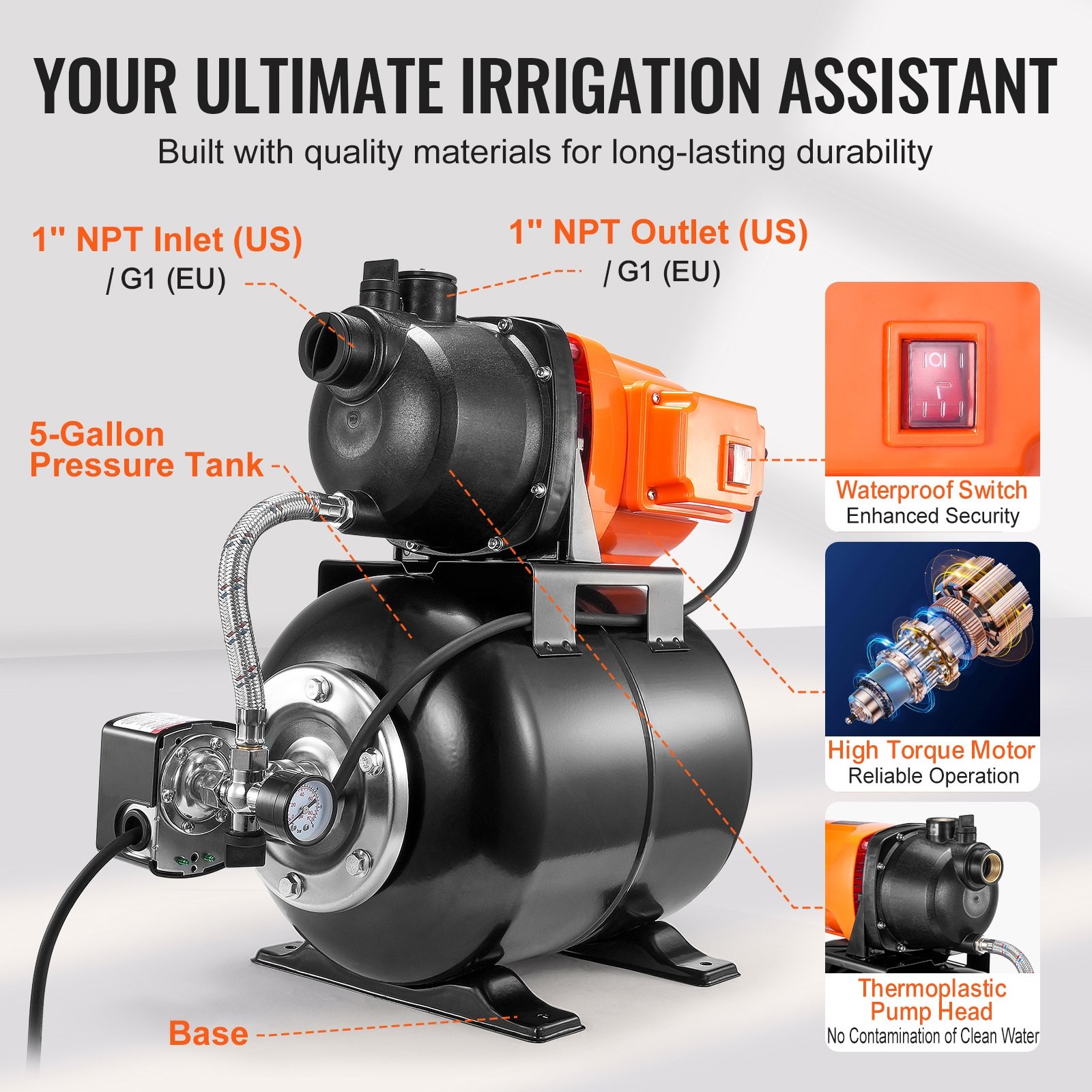 1HP Shallow Well Pump w/Pressure Tank 1000GPH Irrigation Booster Pump