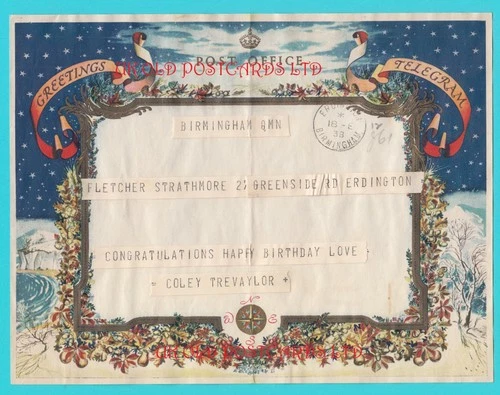 Illustrated Post Office Greetings Telegram, Winter scene by T.O. Jones, 1938
