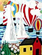 Original painting a folk art colorful  impressionist Hot air balloons 18x24 pb
