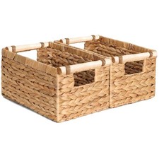 Set of 2 Wicker Baskets, Water Hyacinth Rectangular Storage Baskets with Wood...