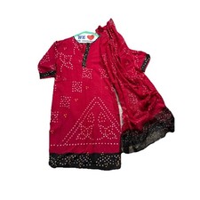 Indian Ethnic Kurti Set with Bandhani Dupatta Bollywood Women Cotton Red