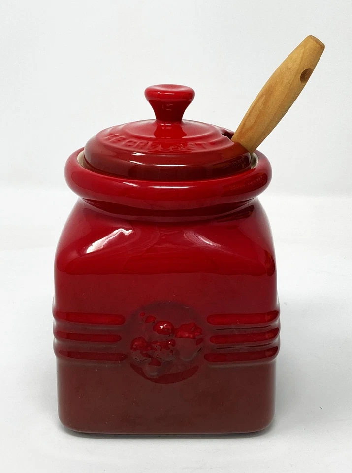 Olla de miel/mermelada Le Creuset/frasco con tapa con esparcidor espátula cerámica rojo cerise Foto 2 de 4