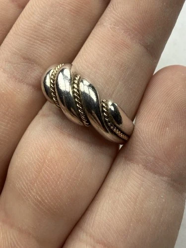 Vtg Sterling & 14k Gold Ring Twisted Rope Croissant Style Ring Size 8.5 - 5.2g