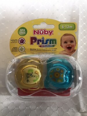 Nuby PRISM ortho PACIFIER Binky Soothie Unisex Giraffe Blue Yellow 6-12 MONTHS 