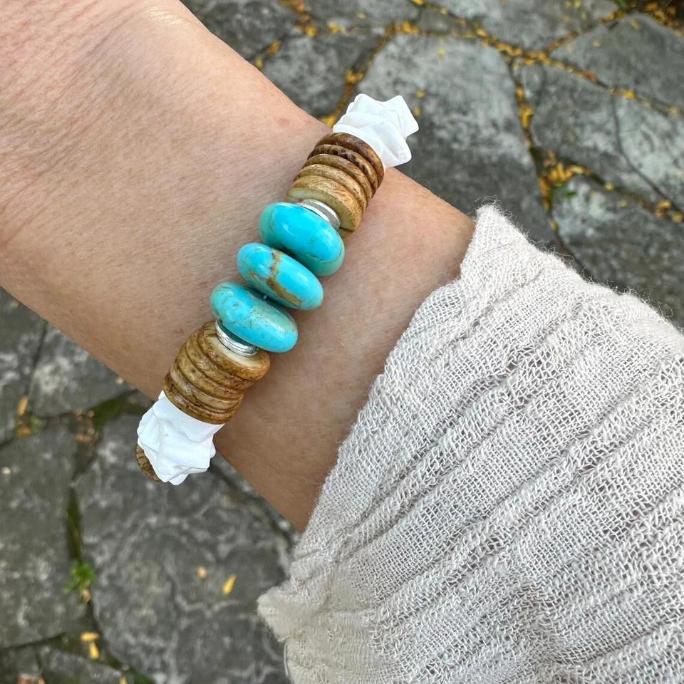 Blue Turquoise Brown Coconut White Seashell 10mm Wavy Disk Chip Beaded Bracelet - Image 2 of 4