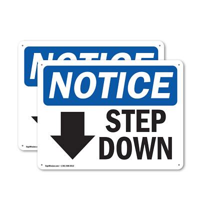 (2 Pack) Step Down [Down Arrow] OSHA Notice Sign Decal Metal Plastic