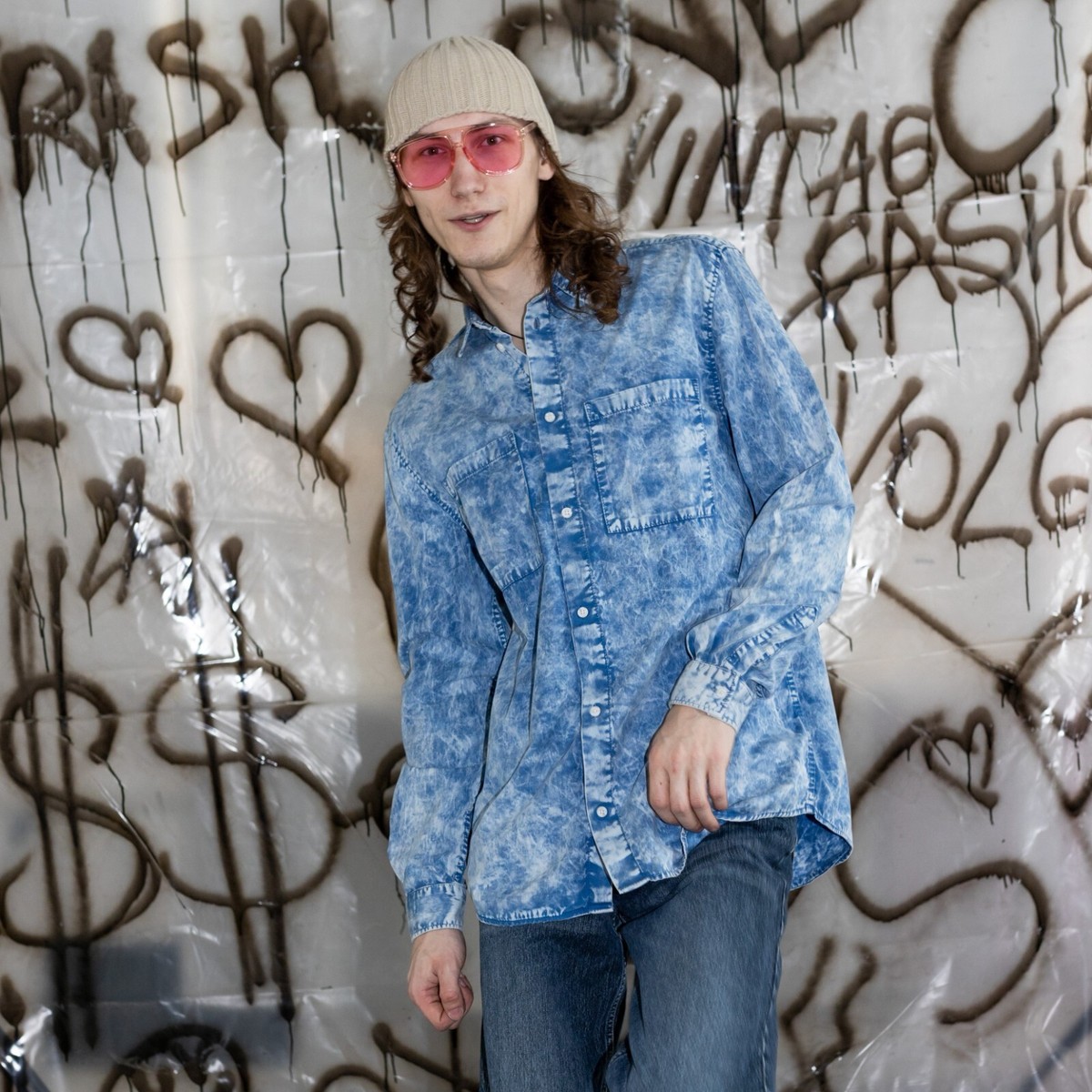 Vintage Y2K tie-dye denim button down shirt in blue white
