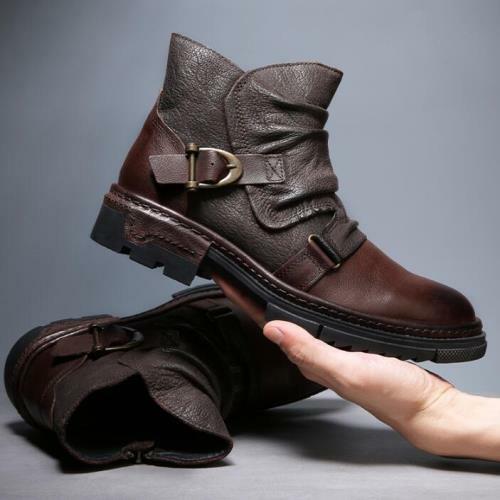 Retro Mens High Top Real Leather Biker Ankle Boots Shoes Work Buckle Cowboy 44 L - Picture 12 of 12