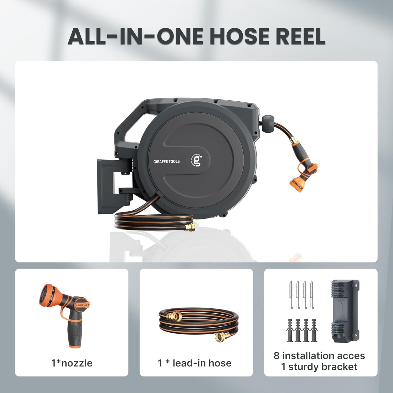 Giraffe Tools Retractable Garden Hose Reel 78-130FT Hose Reel PP & Metal Bracket