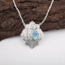 Pear Sky Blue Topaz 925 Silver Art Deco Channel Set Wedding Engagement Pendant