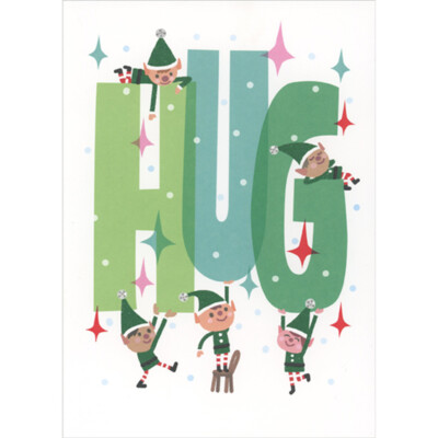RSVP Cute Elves Holding Up Large Letters Spelling Hug Christmas Card