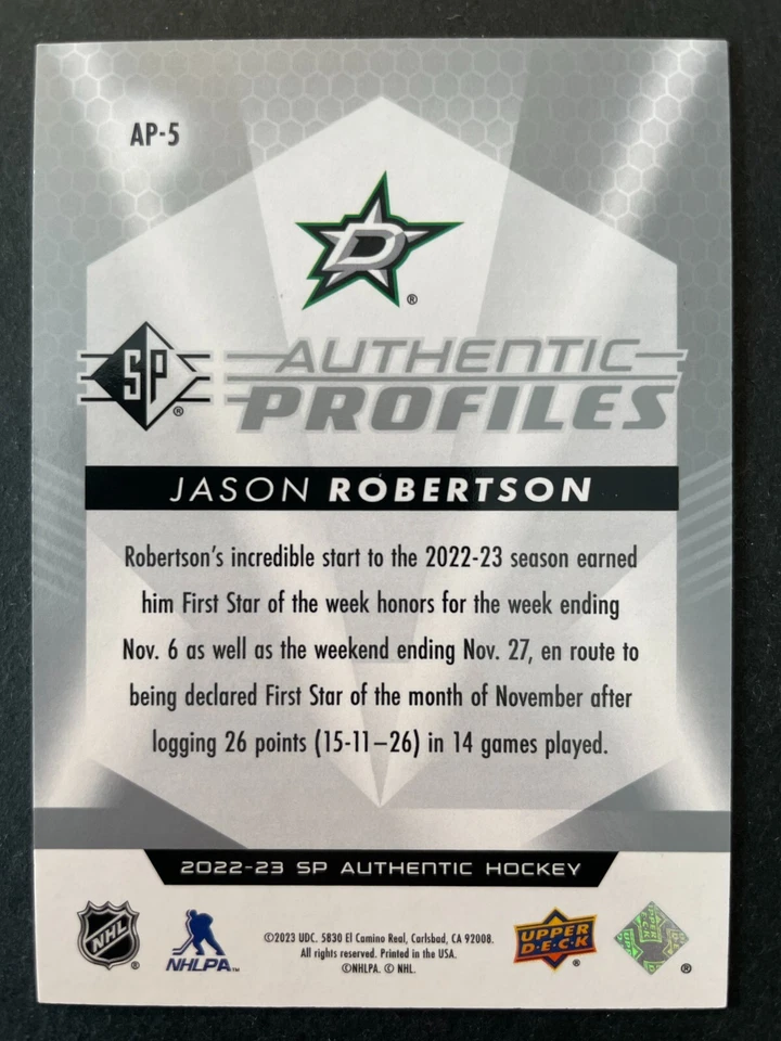 Jason ROBERTSON 2022-23 SP Authentic Silver Profiles /399 #AP-5 Dallas Stars - Image 2 of 2
