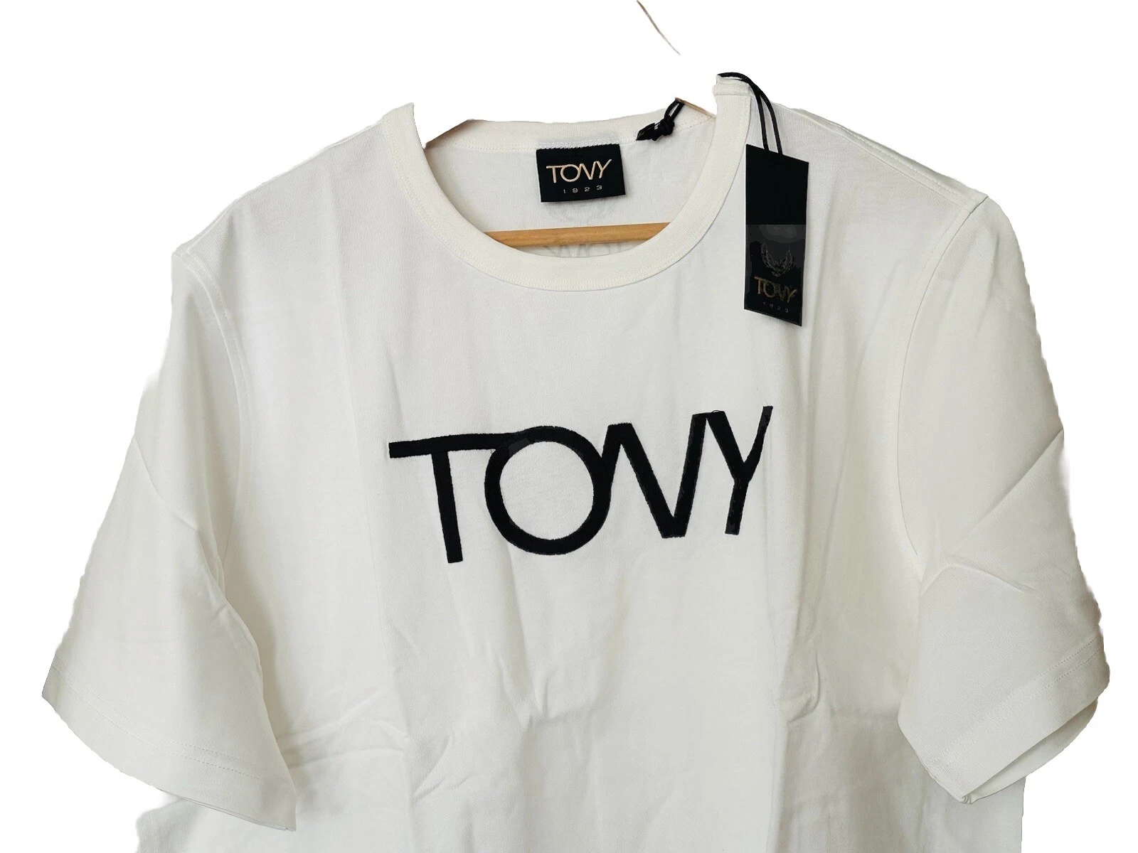 NWT TONY LOGO EMBROIDERED T- SHIRT VANILLA BEIGE COTTON MEN SIZE L SHORT SLEEVE - product detail image 4