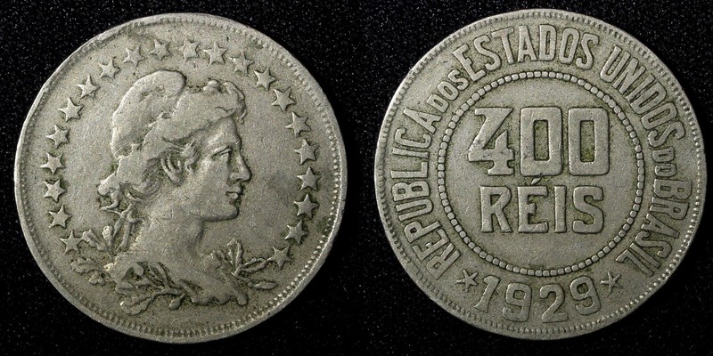 BRAZIL Copper-Nickel 1929 400 Reis Liberty 30.2mm aVF KM# 520 (27 794)