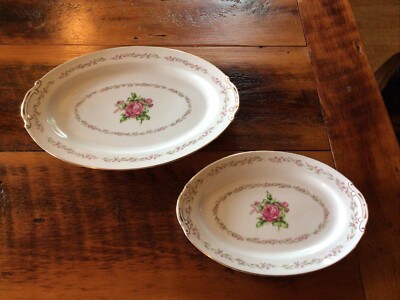 HIRA Ridgewood Fine China Large + Medium Serving Platter Rose Lot Of 2