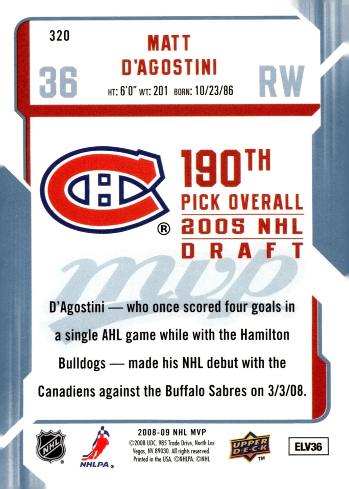 Matt D'Agostini - Signed 2008-09 Upper Deck NHL MVP Rookie Card #320 - Image 2 of 2