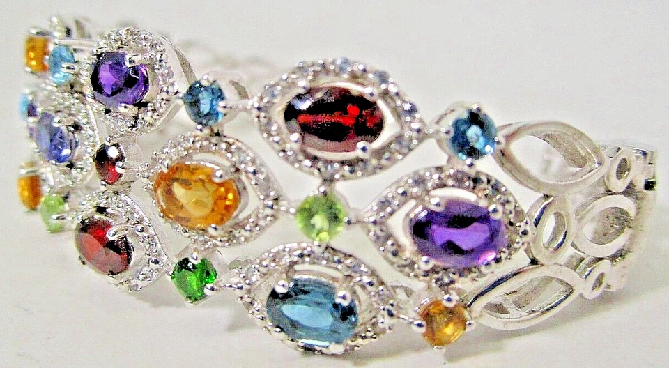 Brazalete Vintage Plata Esterlina Granate Topacio Citrino Amatista Todas Piedras Genuinas Foto 2 de 4