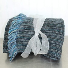 Handsome Wool Throw Blanket Shades of Blue Mixed Linear Woven Fiber 61" X 64"