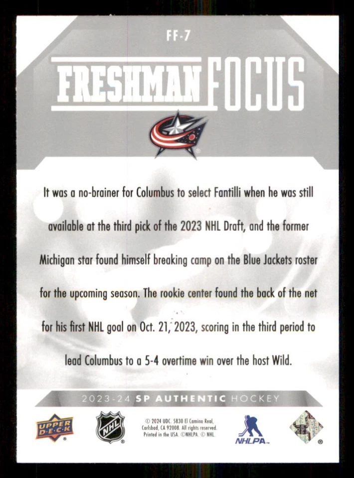 2023-24 SP Authentic Freshman Focus #FF7 Adam Fantilli - Image 2 of 2