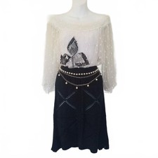 CHANEL CROCHET BLACK SKIRT 2004 CRUISE Open Knit Pom Design Cotton 42 12 Large