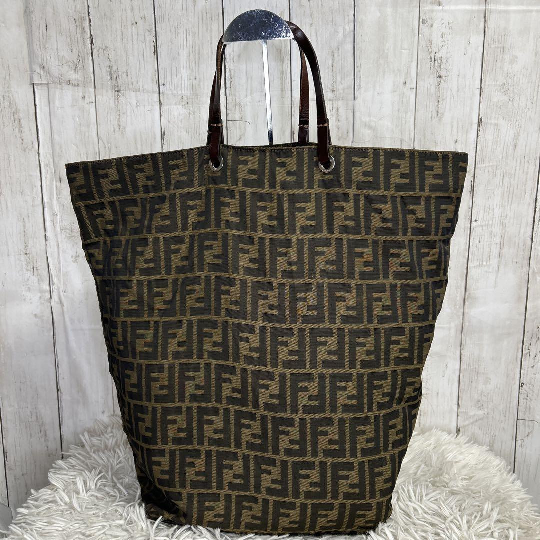 Fendi Zucca Vintage Nylon Leather Medium Tote Bag Brown Pre-Owned