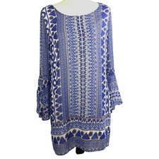 Pink Owl Dress Womens Medium V Back Blue  Flounce Sleeve Retro Boho Sheer
