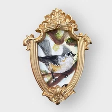 Tufted Titmouse Bird watercolor print in mini gold vintage style ornate frame