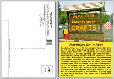 Maggie Valley NC Mountaineer Crafts Postcard ''How Maggie Got Its Name'' History
