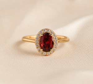 Authentic 925 Sterling Silver Gemstone Ring, Gold Plated Garnet Oval Ring,