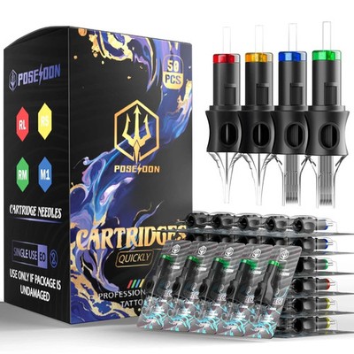 poseidon 50pcs tattoo cartridge needles assorted mixed size #12 round liner s...