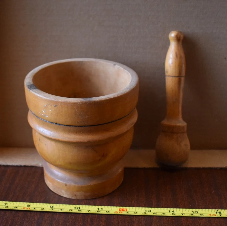 Vintage Olive Burl Wood Italian Mortar & Pestle Used Kitchen Collectible