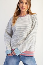 Easel Striped Relaxed Washed Long Sleeve Top in Heather Grey